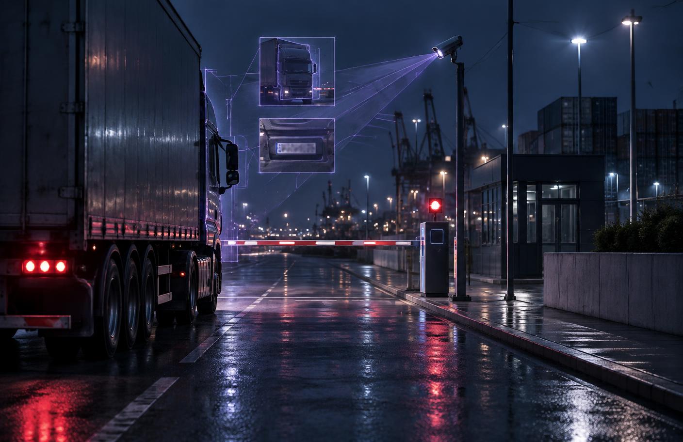 A freight truck identified by AI vision at an automated logistics gate
